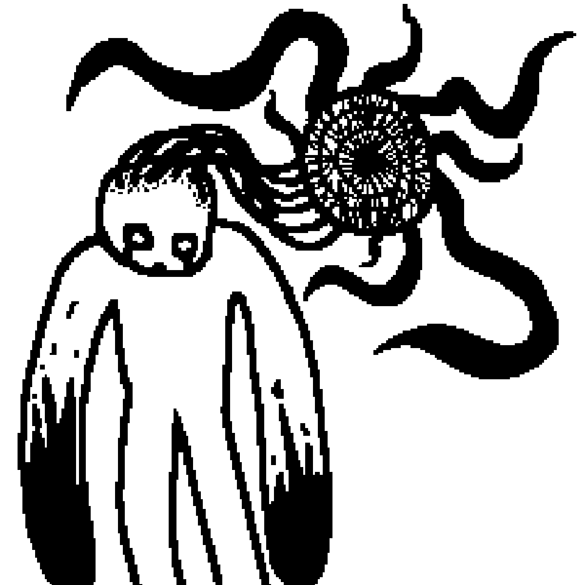 a microsoft paint drawing of a creature with a parasitic attachment behind it's head